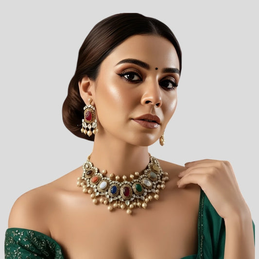 Navratna Multi-Stone Antique Gold Necklace Set with Pearls