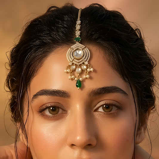 Auraa Trends Silver-Plated American Diamond & Green Stone Maang Tikka for Women | Bridal Wedding Ethnic Forehead Jewelry