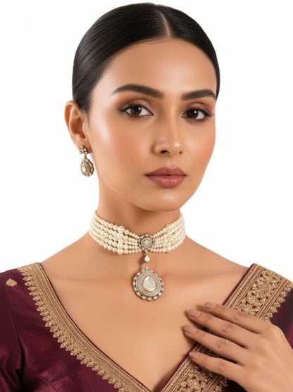 Gold Finish Kundan Polki & Pearl Choker Necklace Set – Indian Bridal Jewelry