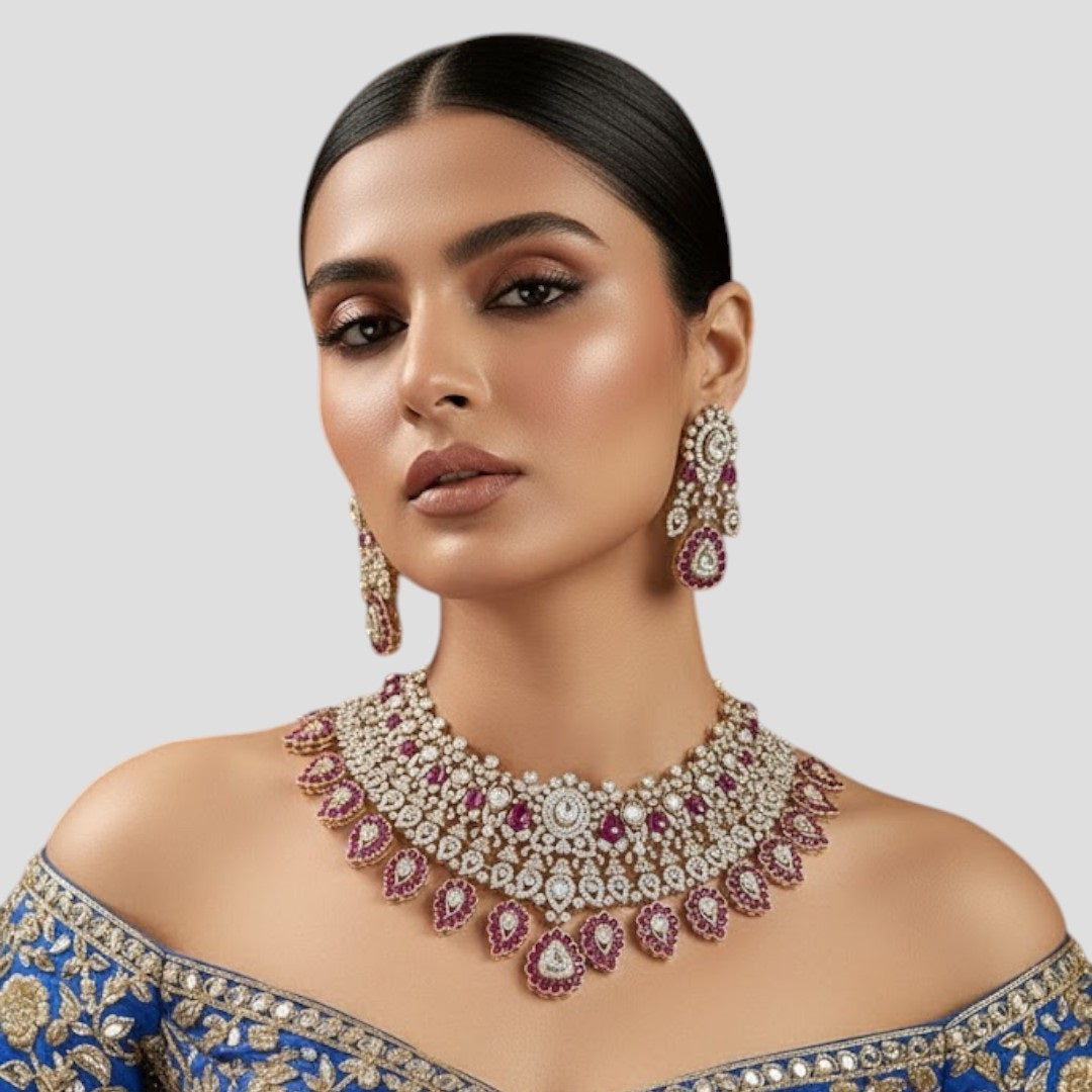 “Bridal Kundan choker necklace set with ruby stones and matching earrings