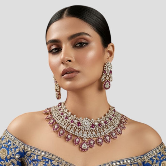 “Bridal Kundan choker necklace set with ruby stones and matching earrings
