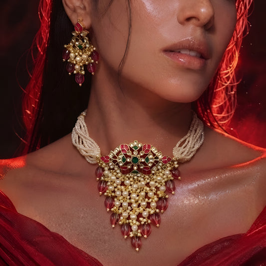 "Traditional Indian bridal jewelry set with pearl strands and maroon beaded tassels"