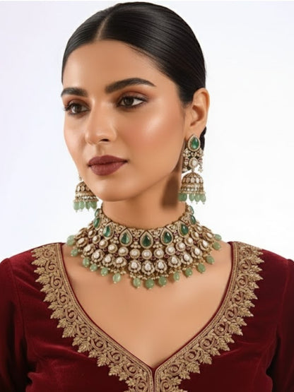 Gold Finish Kundan Polki & Soft Green Drop Choker Necklace Set