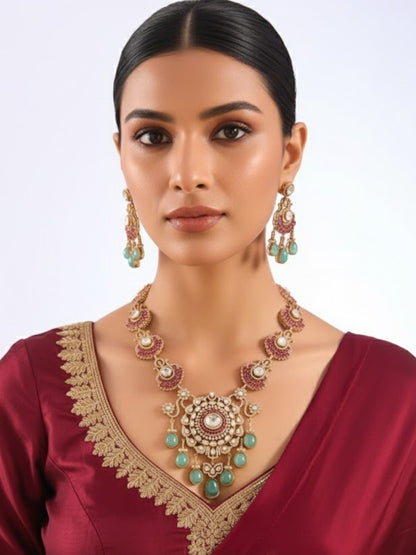 Rani Pink and Mint Green Kundan Necklace Set with Dangle Drops