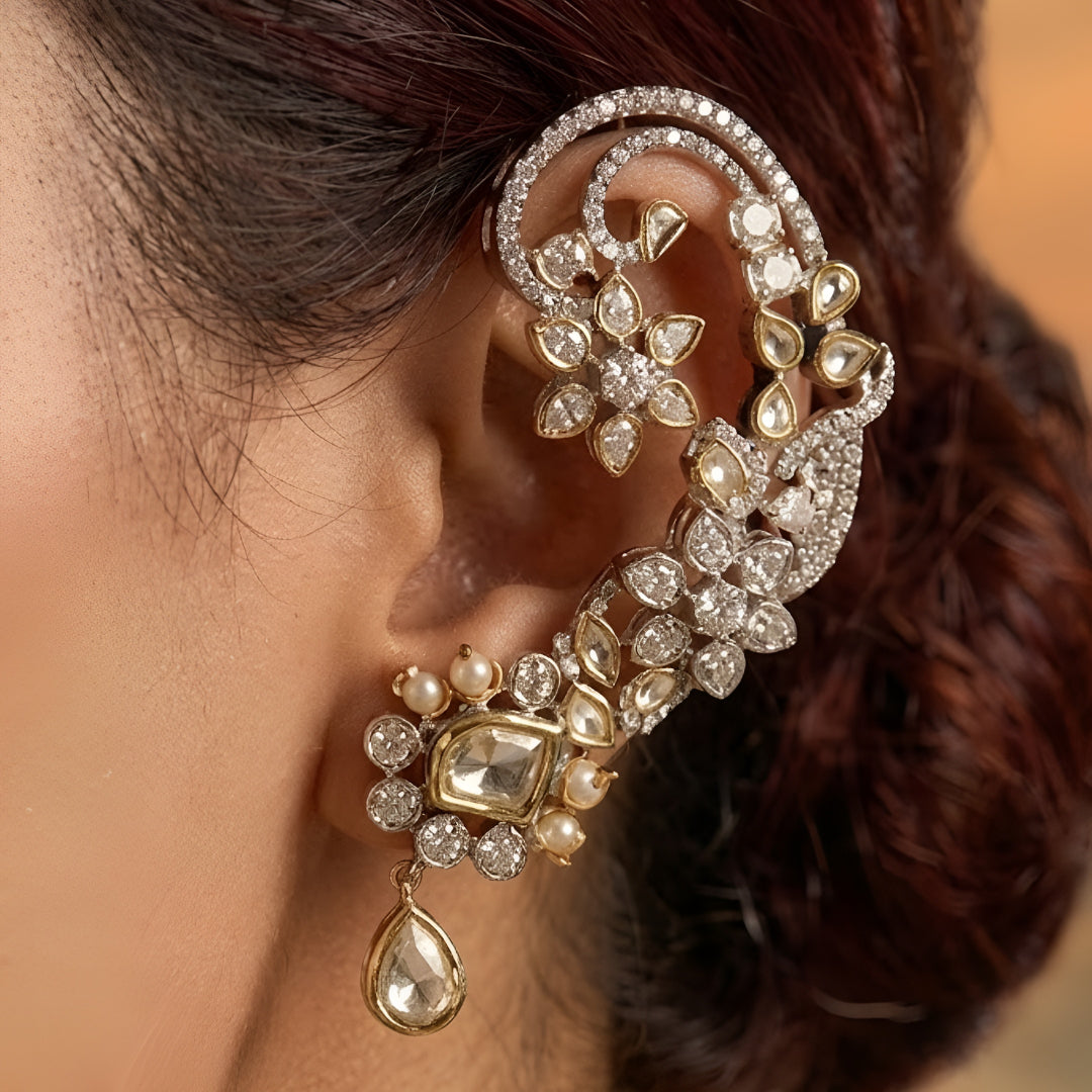 Gold-plated Kundan ear cuff earrings with floral crystal design and teardrop danglers for women
