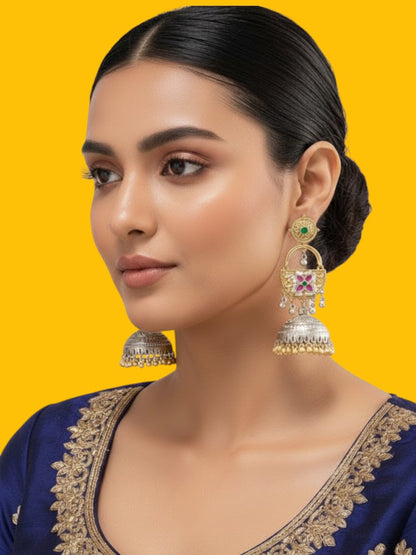 Gold & Silver-Plated Traditional Jhumka Earrings with Green & Pink Stone Detailing