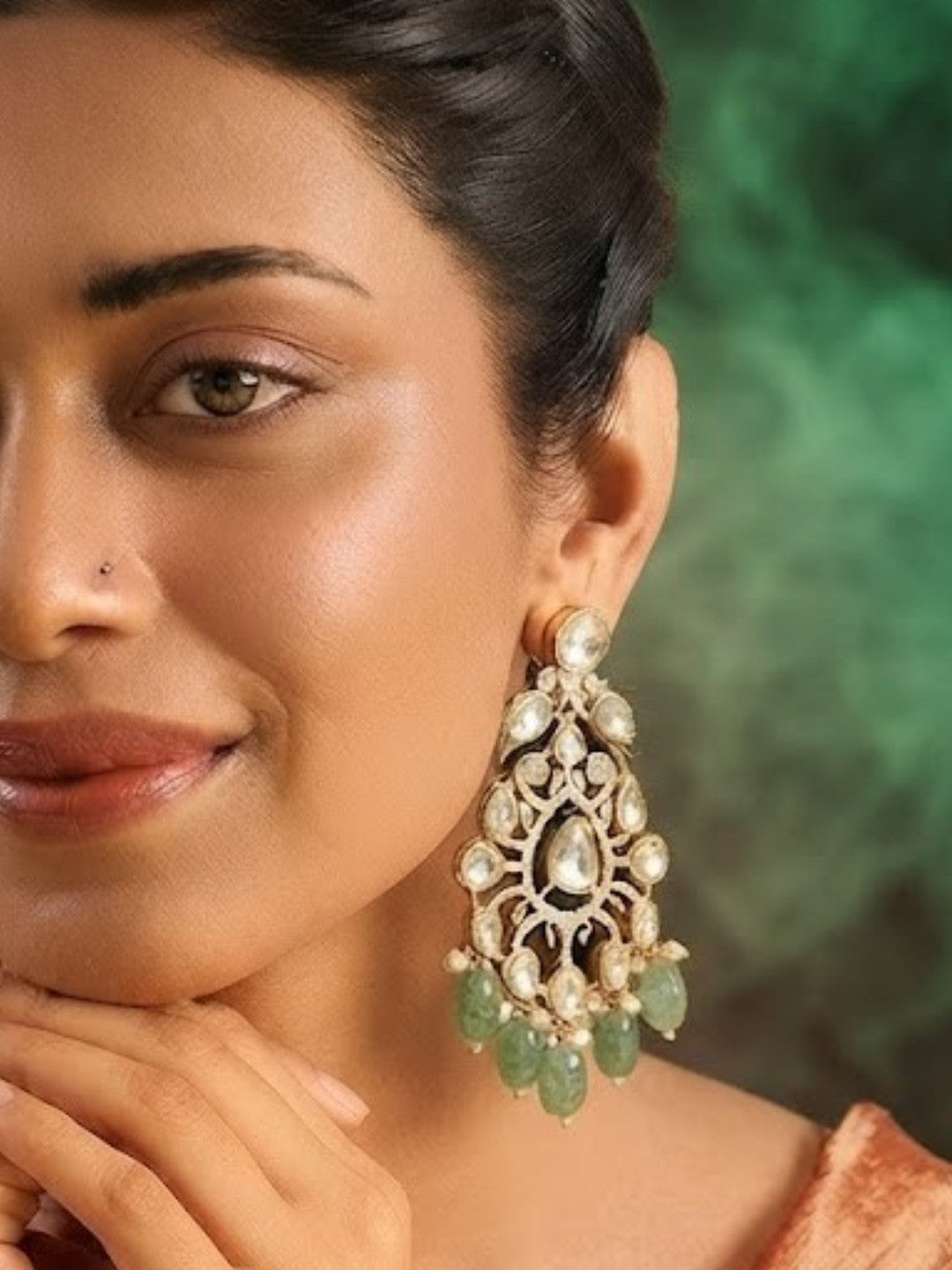 Green Beads Peacock Design Statement Earrings