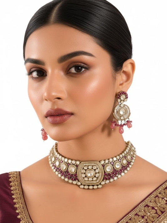 Gold-Finish Kundan Polki Choker Necklace Set with Pink Pearl Drops & Matching Dangler Earrings