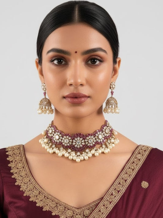 Gold Finish Kundan Polki & Deep Ruby Stone Choker Necklace Set