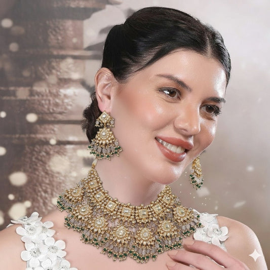 Luxury Kundan Choker Necklace Set with Grey Beads & Statement Earrings