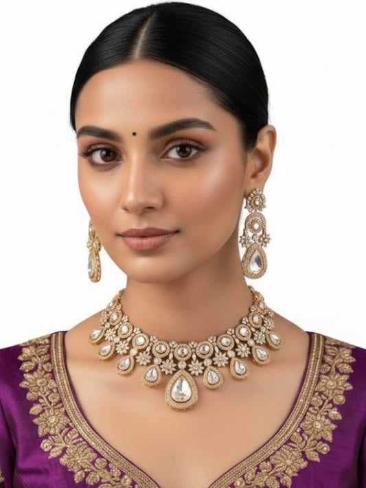 Gold Finish Kundan Polki Choker Necklace Set – Traditional Indian Jewelry for Weddings & Festivals