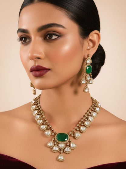 Green Kundan Polki Necklace Set with Earrings | Bridal & Festive Wear Jewelry