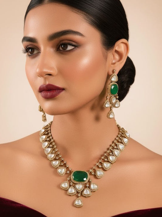 Green Kundan Polki Necklace Set with Earrings | Bridal & Festive Wear Jewelry