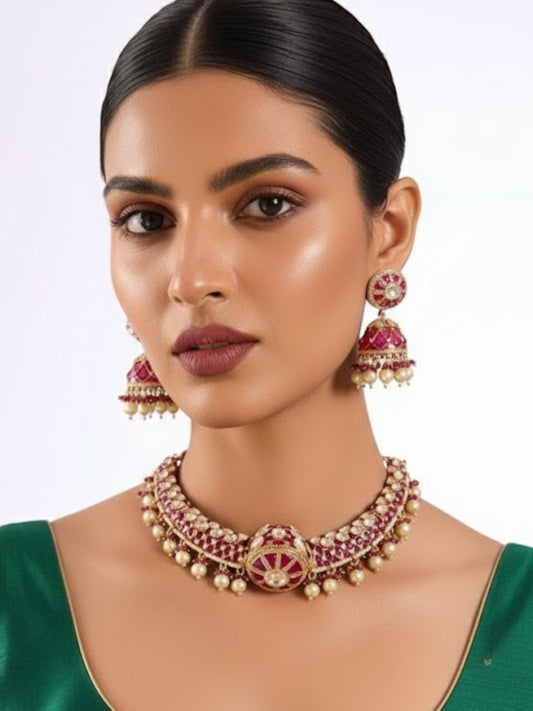 Gold Finish Kundan Polki Necklace Set with Fuchsia Pink Stones – Choker Style Jewelry for Weddings & Festive Wear
