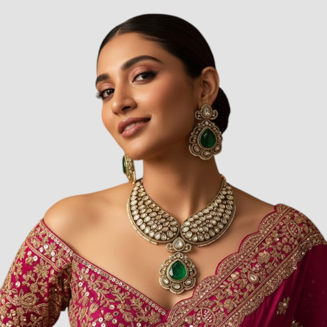 “Premium Polki Kundan necklace set with emerald green stones and matching earrings for bridal and wedding wear.”