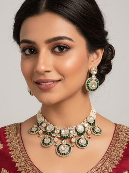 Green Kundan Choker Necklace Set with White Stones & Earrings for Bridal and Ethnic Wear