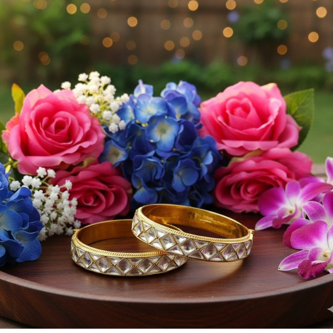 Gold-Plated Kundan Bangles with Mirror Finish