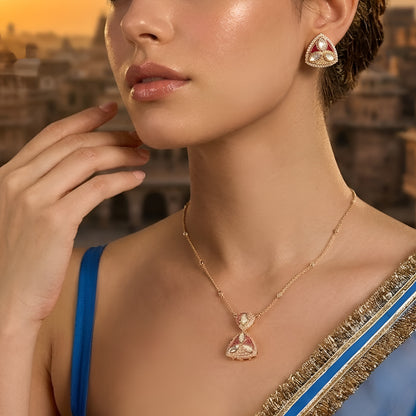Gold Plated Pink Kundan Pendant Necklace Set with Matching Stud Earrings for Women Traditional Ethnic Jewelry
