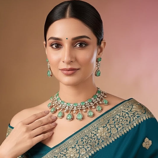 Mint Green Stone & Pearl Embellished Designer Choker Necklace Set with Drop Earrings for Women