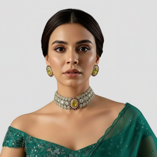 Yellow Stone & Ruby Studded Gold-Plated Choker Necklace Set