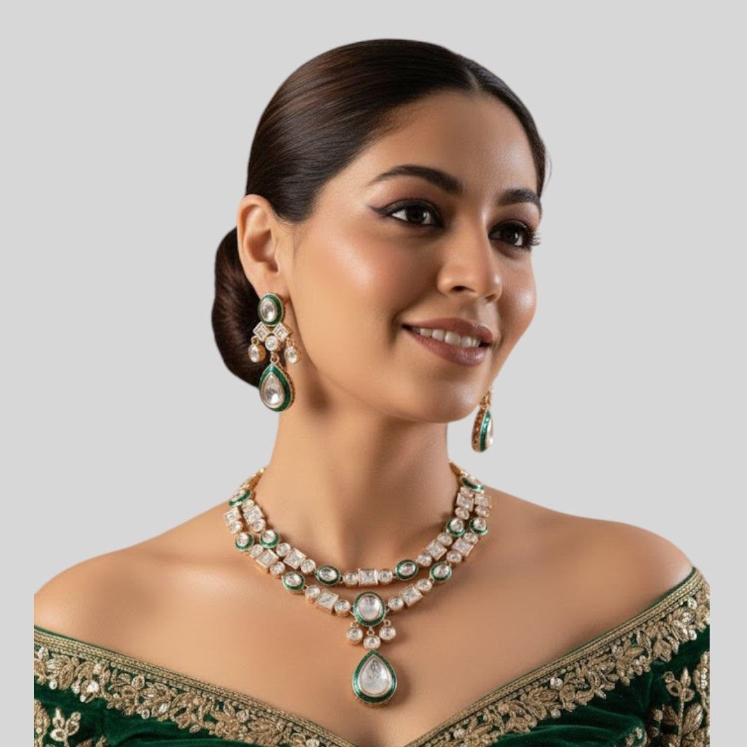 Traditional Green Kundan Necklace & Earrings Set