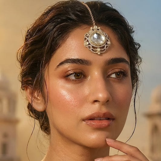 Elegant gold-tone crystal bridal maang tikka with intricate filigree design and large clear stone centerpiece for weddings and festive wear.