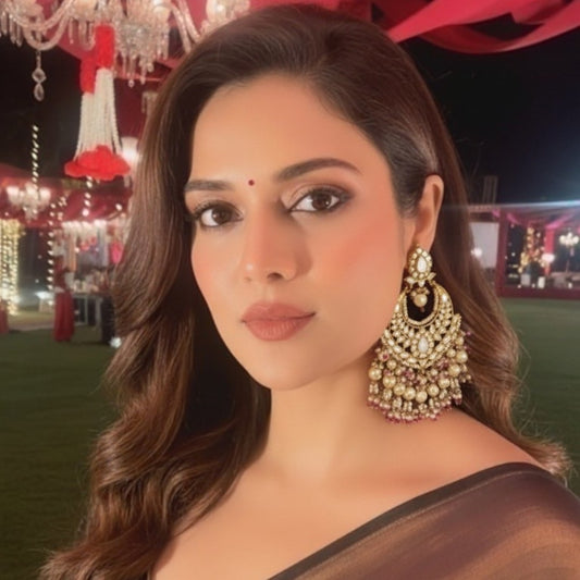 Heavy Gold-Plated Kundan Chandbali Earrings with Pearl & Pink Bead Work