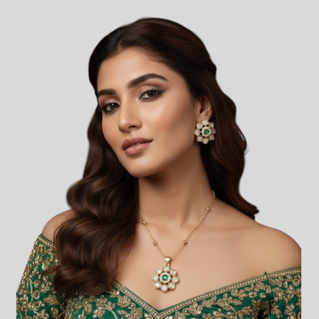 Gold-Plated Floral Kundan Pendant Necklace & Earrings Set with Green Stone Cente