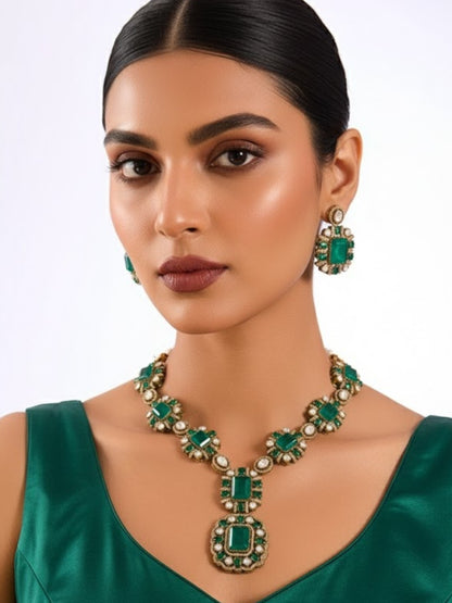 Gold Finish Kundan Polki & Emerald Stone Statement Necklace Set