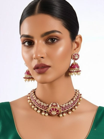 Ruby Dome Motif Choker Set with Pearl Drops