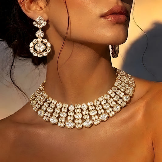 Gold-tone Kundan choker necklace set with matching earrings featuring white uncut-style stones, ideal for bridal, wedding, and festive wear.