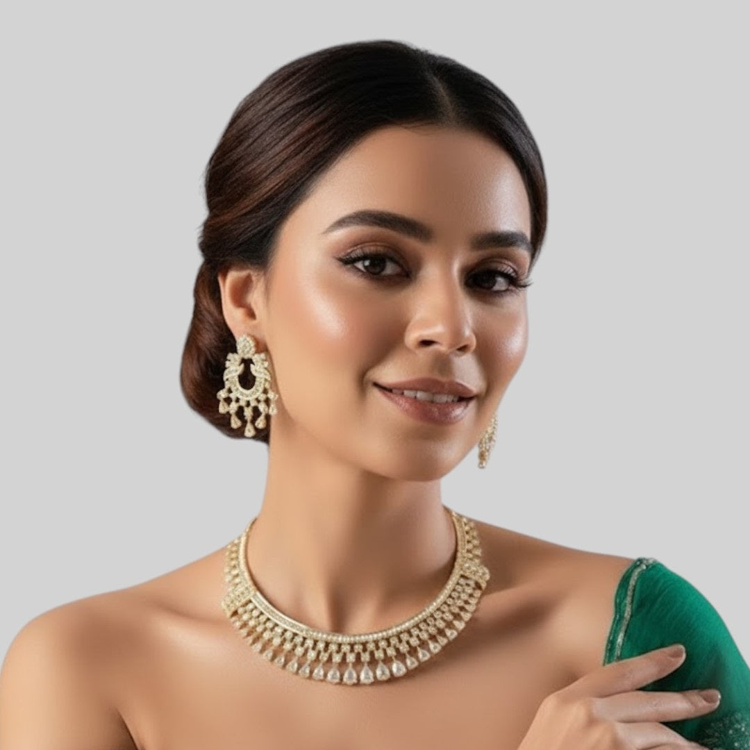 Gold-Plated Crystal Stone Bridal Necklace Set with Matching Earrings for Women