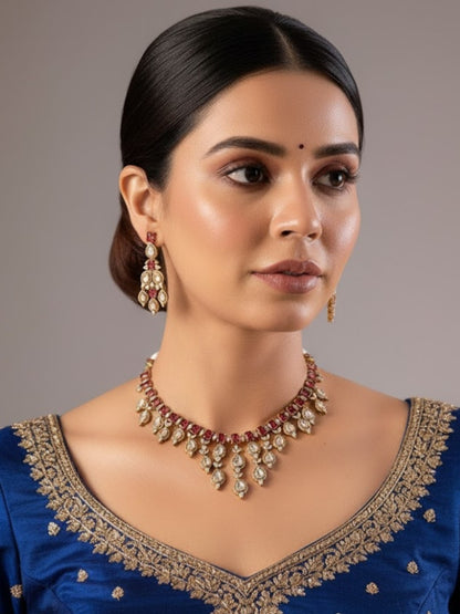 Bridal Kundan Choker Necklace Set with Ruby Red Stones & Earrings
