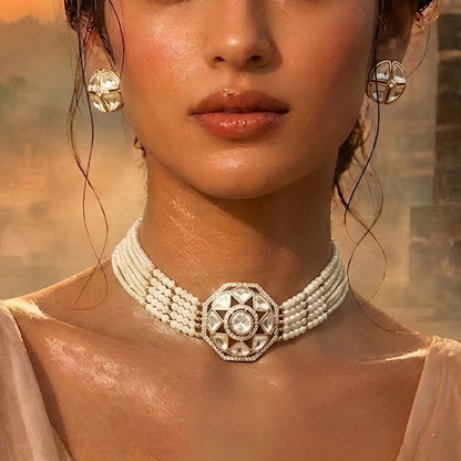 Traditional Kundan pearl choker necklace set with gold-tone finish, multi-strand pearls, and matching stud earrings for bridal and wedding wear.