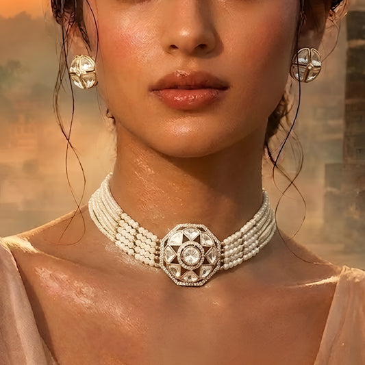 Traditional Kundan pearl choker necklace set with gold-tone finish, multi-strand pearls, and matching stud earrings for bridal and wedding wear.