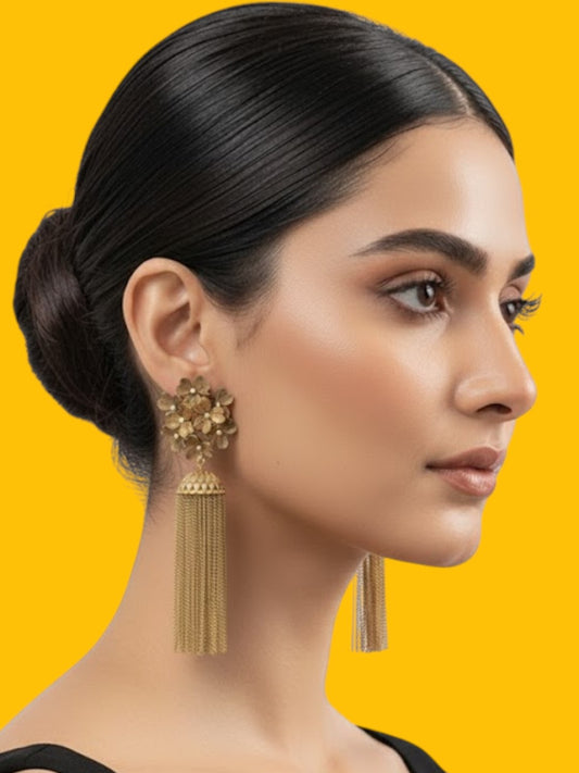 Gold-Plated Floral Tassel Earrings for Women Long Chain Drop Statement Danglers