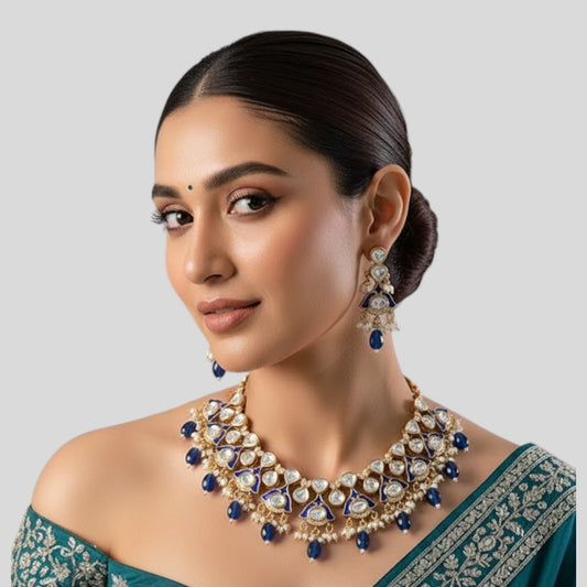 Gold-Plated Kundan Necklace Set With Earrings