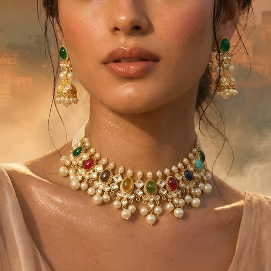 Gold-toned Navratna Kundan choker necklace set with multicolored stones, pearl drops, and matching green stone jhumka earrings on a white background.