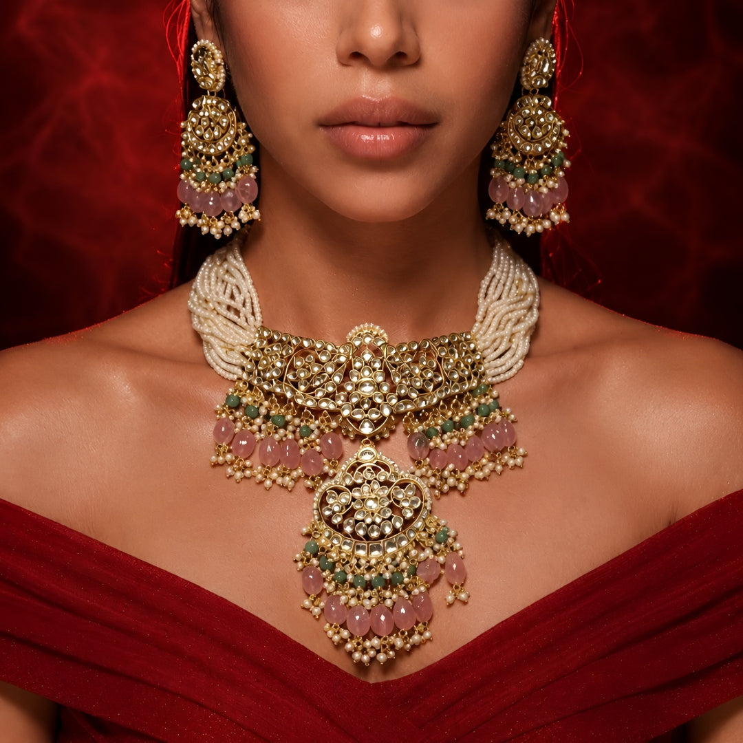 "Antique gold floral kundan choker with matching chandbali earrings"