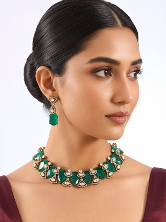 Gold Finish Kundan Polki & Deep Green Stone Choker Necklace Set