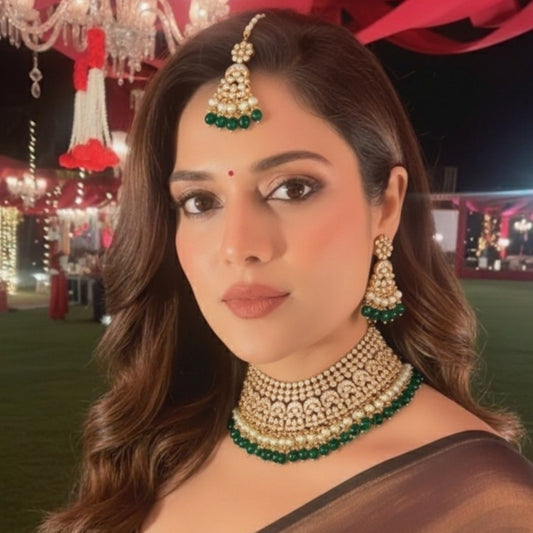 Bridal Kundan Choker Necklace Set with Green Beads & Pearls