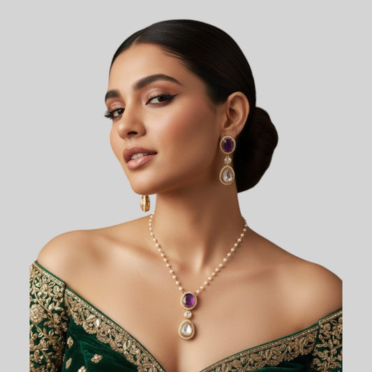 Elegant Amethyst & Crystal Halo Jewelry Set | Necklace & Earrings | Gold-Tone