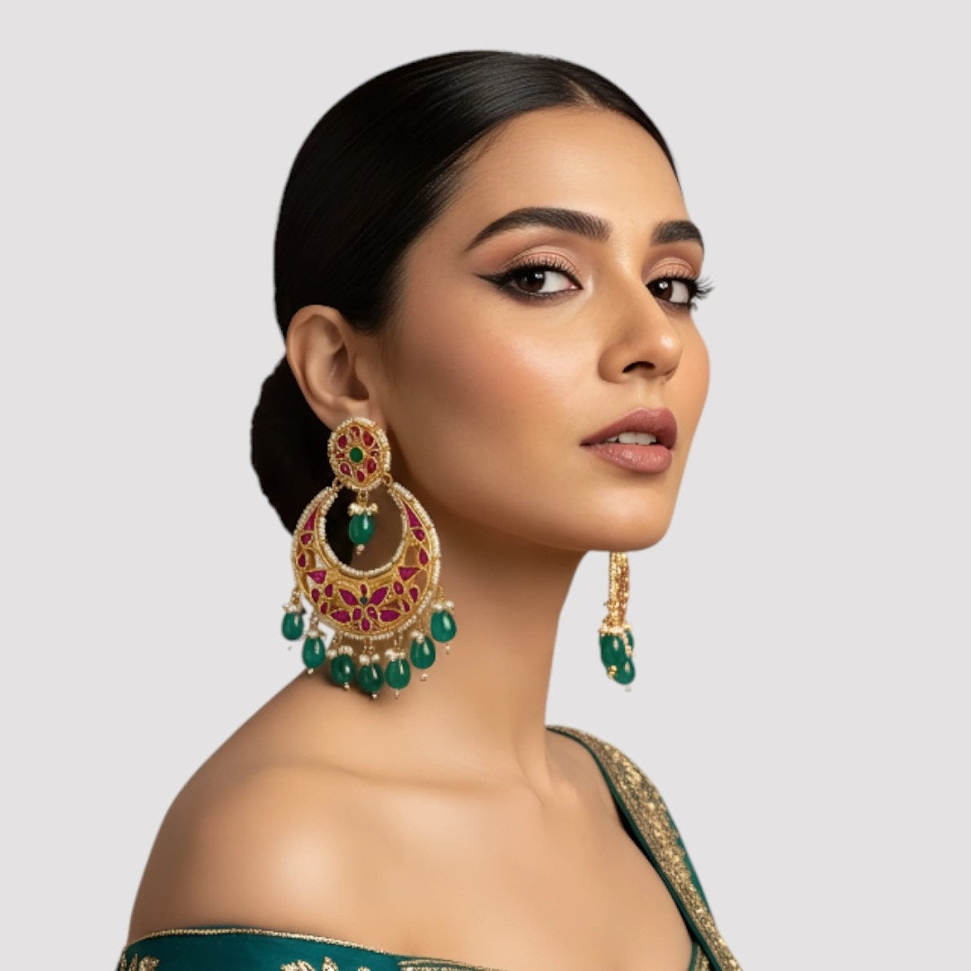 Gold-Plated Meenakari Chandbali Earrings with Green Beads and Pink Enamel Work
