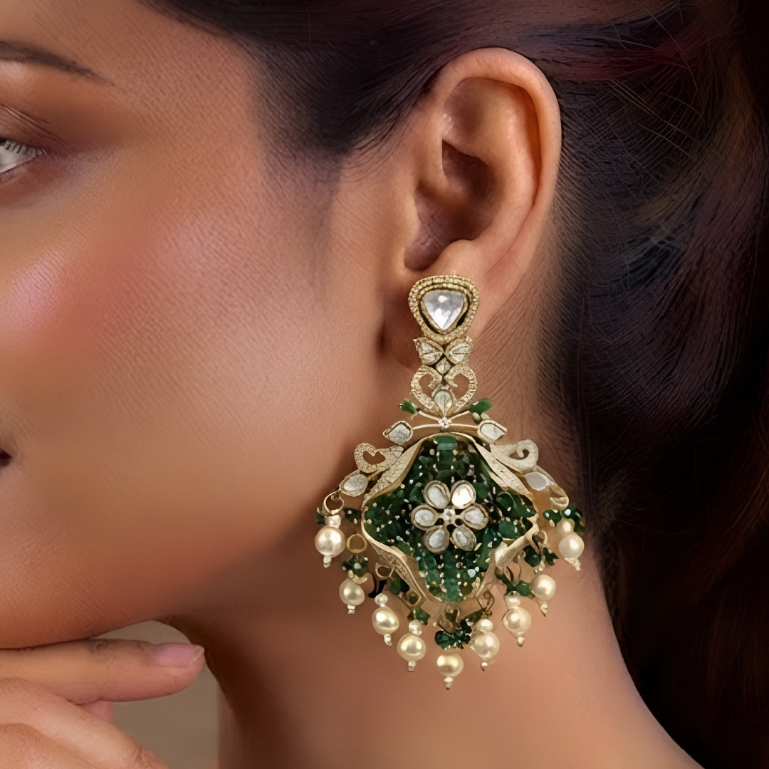 Green Polki Chandbali Earrings for Women | Gold Plated Kundan Pearl Drop Bridal Statement Earrings