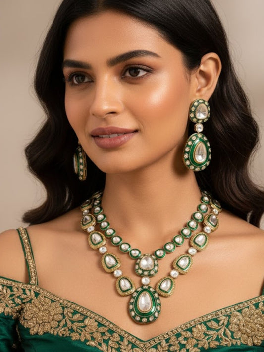 Green Meenakari Kundan Polki Necklace Set with Earrings | Bridal & Festive Jewelry