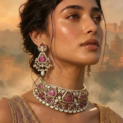 Royal pink Kundan bridal choker necklace set with matching earrings featuring white Kundan stones, floral detailing, pink statement stones, and pearl drop accents.