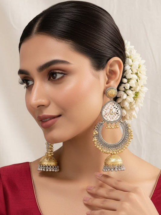 Dual-Tone Ethnic Dangler Earrings with Filigree Design & Jhumka Bell
