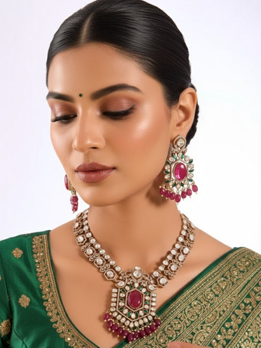 Gold Finish Kundan Polki & Ruby Pink Stone Necklace Set