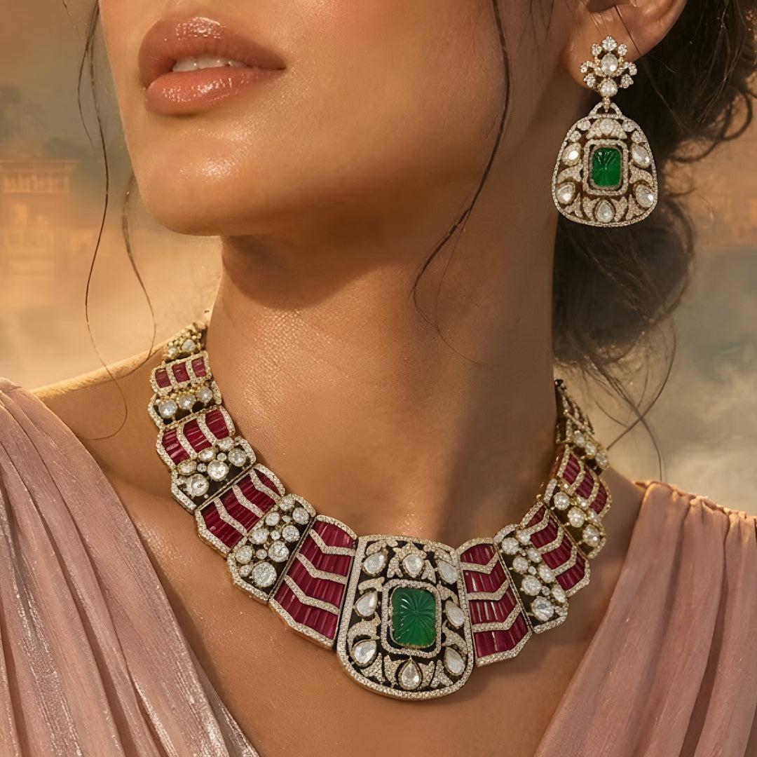 Luxury ruby and emerald CZ statement necklace set with matching earrings in gold plating, perfect for bridal, wedding, festive, and party wear.