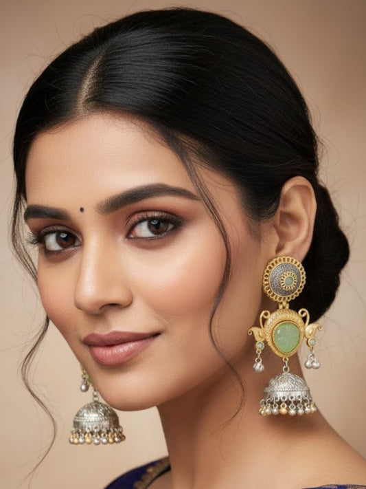 Dual-Tone Gold & Oxidized Silver Jhumka Earrings with Green Stone & Pearl Drops